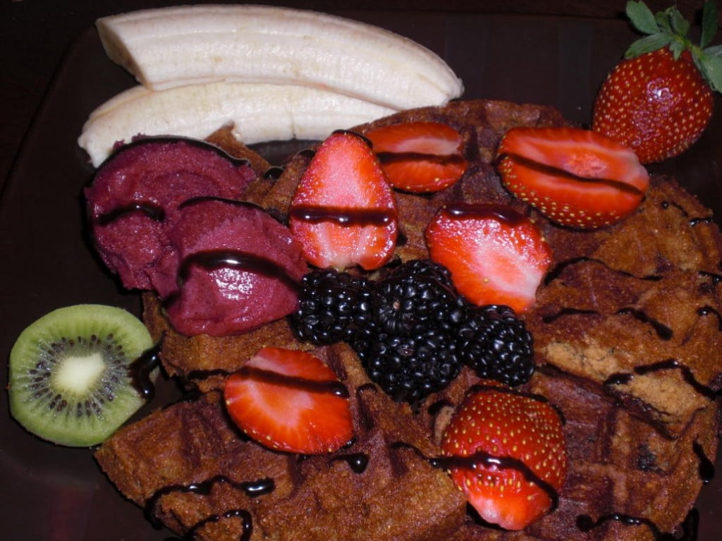 Textured Rice Vegan Gluten-Free Waffles with teff, sorbet,fruit