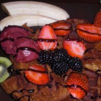 Textured Rice Vegan Gluten-Free Waffles with teff, sorbet,fruit