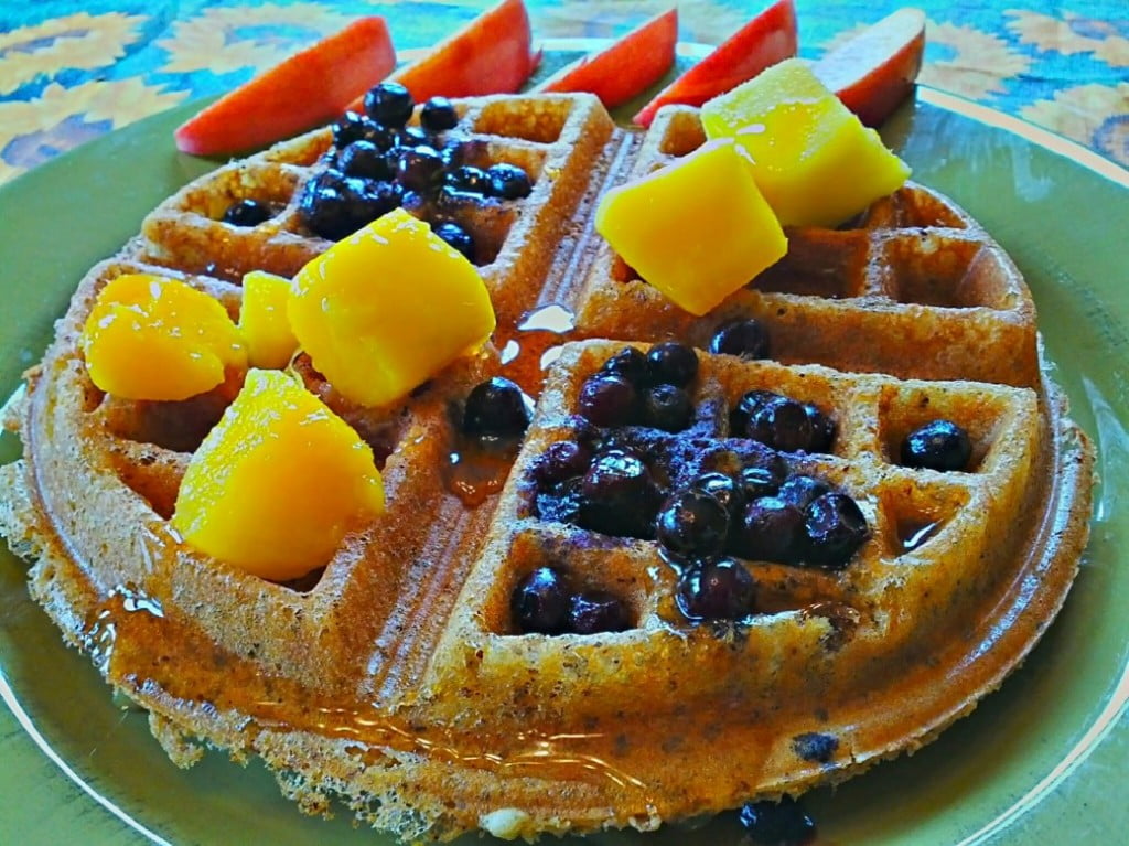 naked gluten-free vegan waffle with blueberries, mango, maple syrup