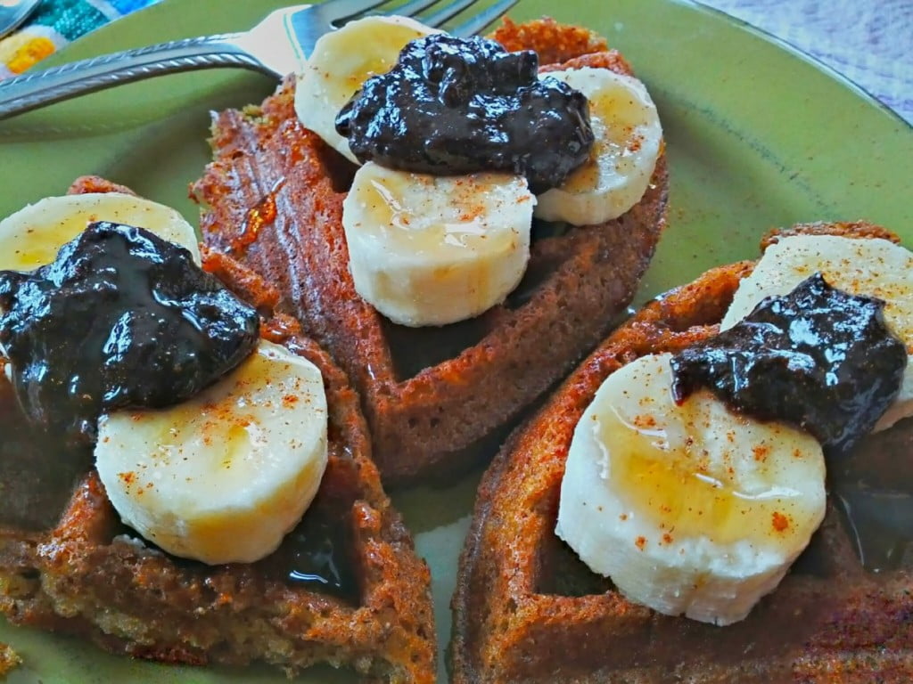 peanut butter carob fudge spread on vegan waffles