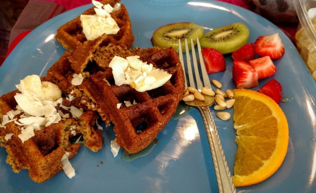 vegan waffles with coconut, kiwi, & strawberry
