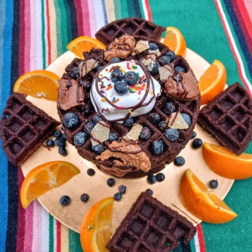 gluten-free vegan chocolate waffle birthday cake, view from above