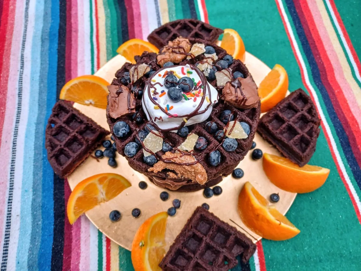 gluten-free vegan chocolate waffle birthday cake, view from above
